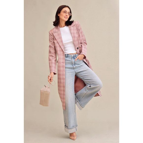 Avec Les Flles Pink Plaid Old Money Tailored Preppy Academia Trench Coat Small - Picture 1 of 8